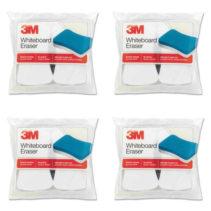 3M Whiteboard Eraser, 3 in H X 5 in W, White Yellow, for Use with Removes Permanent Marker, Pack of 2, 4 Packs